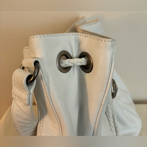 Vintage Fossil White Leather Bucket Purse w/Braided Drawstring & Silver Accents - Picture 14 of 16